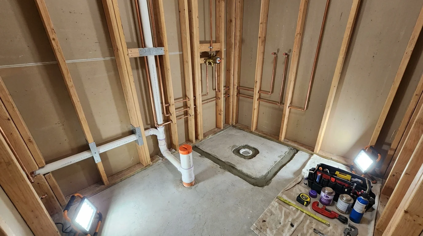 Bathroom rough-in plumbing during remodel by Johns Plumbing LLC in Amery