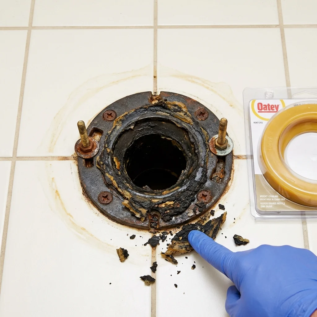 Failed wax ring showing water seepage at the base of a toilet in a Amery, WI home