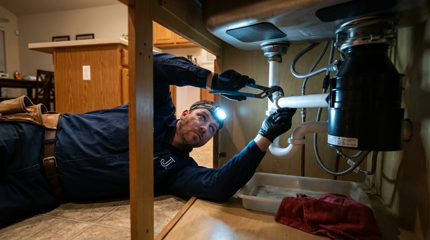 P-trap and supply line connections under a kitchen sink showing a common leak point in Amery, WI
